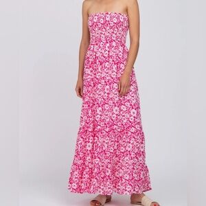 Strapless Smocked Pink and white floral midi sundress